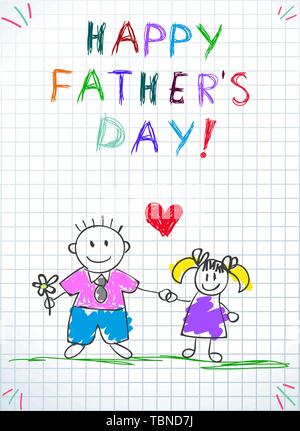 Dad with Daughter Happy Fathers Day Children Colorful Pencil Drawings Man and Girl Holding Hands on Squared Notebook Sheet Background. Baby Greeting C Stock Vector