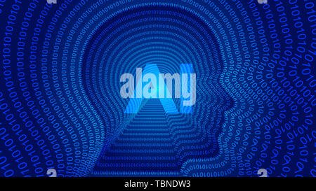 AI artificial intelligence, lines and numbers form the outline of the human head. Science, technology and engineering concept. Stock Photo