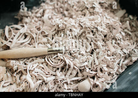 pottery tools for carving ceramic products in workshop Stock Photo