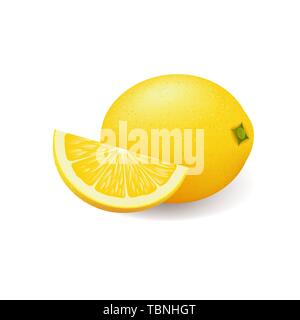 Realistic bright yellow lemon whole and sliced vector Stock Vector