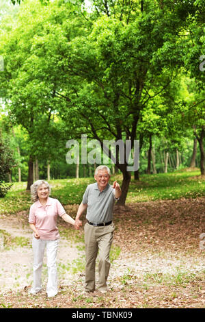 An elderly couple working out in a park Stock Photo