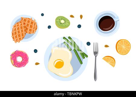 Still life with breakfast in a flat doodle style, top view. vector illustration Stock Vector