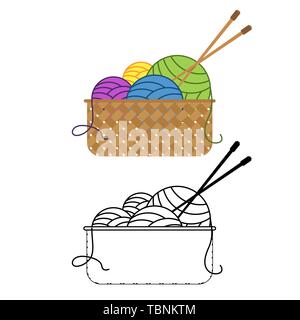 Multicolored balls of yarn lie in a bowl with knitting needles. Vector illustration Stock Vector