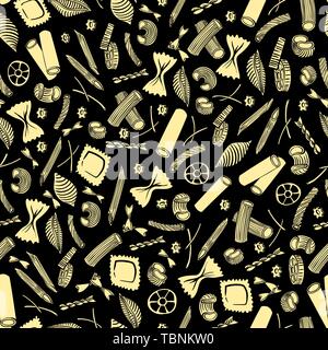 seamless pattern with italian macaroni of different kinds. light yellow coloured hand draw on black background. Vector illustration Stock Vector