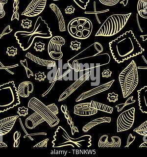 seamless pattern with italian macaroni of different kinds. light yellow coloured hand draw on black background. Vector illustration Stock Vector
