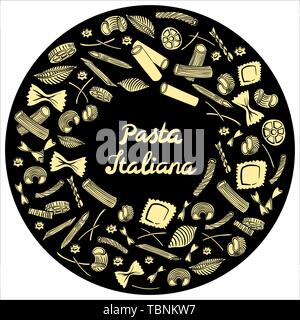 Round frame with italian macaroni of different kinds. light yellow coloured hand draw on black background. Vector illustration Stock Vector