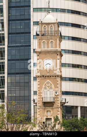 The clock tower is a part of the old Grand Mosque in Haifa Stock Photo