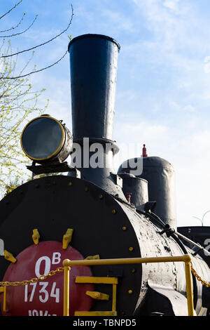 Ancient diesel locomotives. Retro locomotives .. Black locomotive. Green locomotive. Railway and trains. Stock Photo