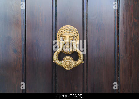 Lion head door knock on an old new wooden door in Malaga, Spain Stock Photo
