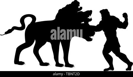 Heracles fights Cerberus dog silhouette ancient mythology fantasy. Vector illustration. Stock Vector