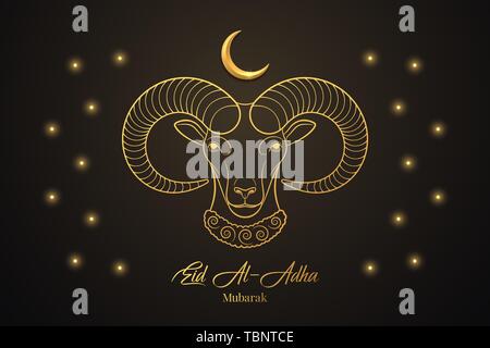 Eid al Adha Mubarak, muslim holiday. The Feast of Sacrifice with Golden Ram and Crescent on the black background. Vector illustration, Graphic design  Stock Vector