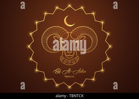 Eid al Adha Mubarak, muslim holiday. The Feast of Sacrifice with Golden Ram and Crescent on the brown background. Vector illustration, Graphic design  Stock Vector