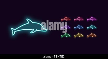 Neon Dolphin icon, Dolphinarium. Set of isolated glowing Dolphins in Neon style with transparent backlight. Vector silhouette, red pink purple violet  Stock Vector