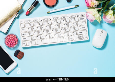 Flat Lay Home Office Desk. Female Workspace With Pink Roses, Dahlias 