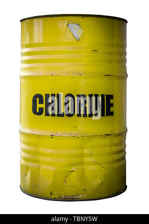 An Isolated Yellow Barrel Of The Dangerous Chemical Chlorine Stock Photo