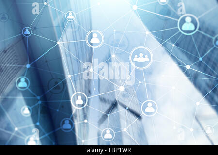 Double exposure people network structure HR - Human resources management and recruitment concept. Stock Photo