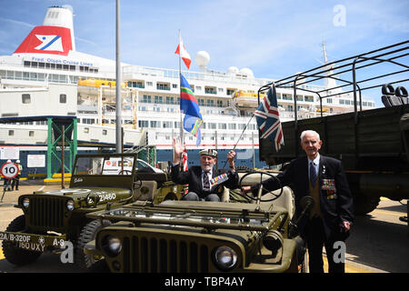 Veteran John Roberts, 95, from Whitstable, sits in a jeep as he arrives at the cruise termianl to board the MV Boudicca (behind) ahead of its departure from the port of Dover in Kent, on day one of a trip arranged by the Royal British Legion for D-Day veterans to mark the 75th anniversary of D-Day. Stock Photo