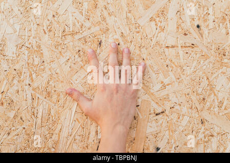 pressed sawdust in the board. Hand on the board of compressed sawdust. background of pressed beige wooden sawdust. Stock Photo