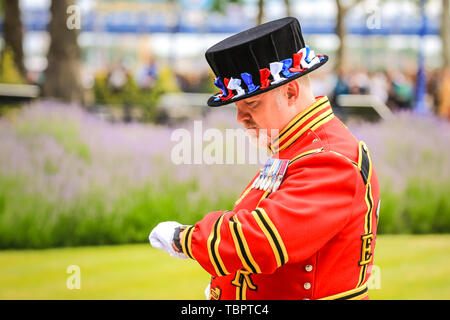 London, UK, 03rd June 2019. A yeoman warder, commonly known as Beefeater, checks his watch. The salute is timed to start with President Trump's arrival. A 103 round gun salute by the Honourable Artillery Company at HM Tower of London is fired at midday. The 103 rounds are:  41 to mark 66 years since HM The Queen’s coronation, 41 to mark the state visit of the President of the United States, and 21 for the City of London. Credit: Imageplotter/Alamy Live News Stock Photo
