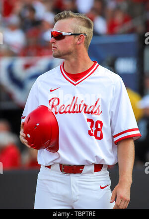 Louisville, KY, USA. 31st May, 2019. Nick Bennett of the Louisville  Cardinals celebrates a strikeout to end an inning in an NCAA Baseball  Regional at Jim Patterson Stadium in Louisville, KY. Kevin