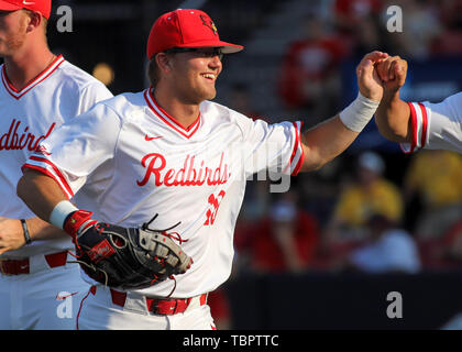 Louisville, KY, USA. 31st May, 2019. Nick Bennett of the Louisville  Cardinals celebrates a strikeout to end an inning in an NCAA Baseball  Regional at Jim Patterson Stadium in Louisville, KY. Kevin