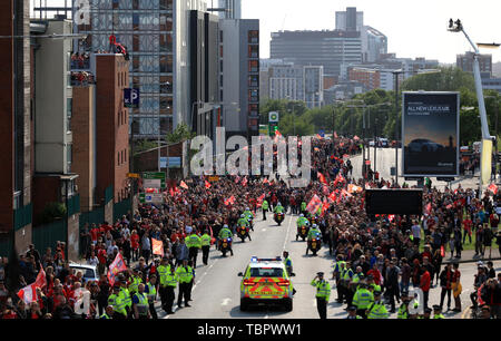 2nd June 2019, Liverpool, Merseyside; Liverpool FC celebration parade after their Champions League final win over Tottenham Hotspur in Madrid on 1st June; fans line Islington as they await the arrival of the team bus Stock Photo