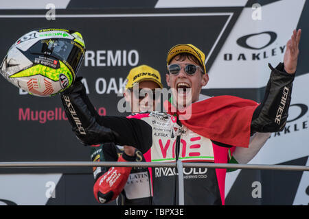 2st June 2019, Circuit of Mugello, Scarperia, Florence, Italy;  MotoGP of Italy, Race Day; Tony Arbolino (VNE Snipers) celebrates on podium as he wins the Moto3 Race Stock Photo