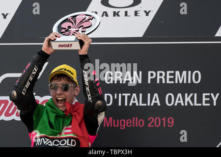 2st June 2019, Circuit of Mugello, Scarperia, Florence, Italy;  MotoGP of Italy, Race Day; Tony Arbolino (VNE Snipers) wins the Moto3 Race Stock Photo