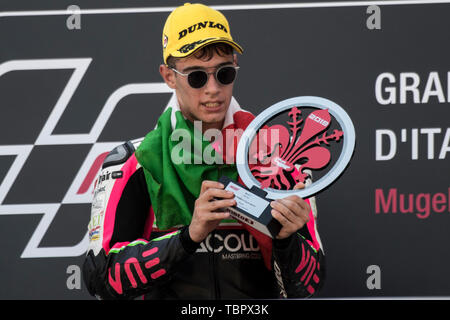 2st June 2019, Circuit of Mugello, Scarperia, Florence, Italy;  MotoGP of Italy, Race Day; Tony Arbolino (VNE Snipers) wins the Moto3 Race Stock Photo