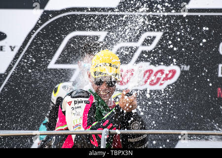 2st June 2019, Circuit of Mugello, Scarperia, Florence, Italy;  MotoGP of Italy, Race Day; Tony Arbolino (VNE Snipers) wins the Moto3 Race Stock Photo