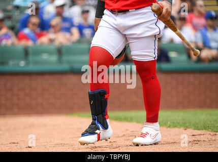 June 02, 2019: Texas Rangers second baseman Rougned Odor #12 pulls up his pants above his knees like shorts as a tip of the cap to fellow teammate Hunter Pence who has been wearing his pants this way for several seasons during an afternoon MLB game between the Kansas City Royals and the Texas Rangers at Globe Life Park in Arlington, TX Texas defeated Kansas City 5-1 Albert Pena/CSM Stock Photo