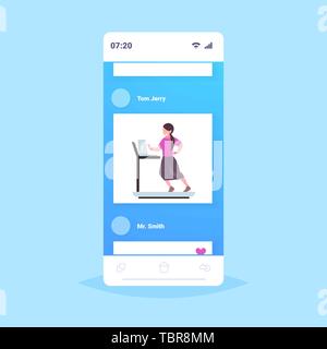 businesswoman using laptop running on treadmill business woman workout hard working concept smartphone screen mobile app flat full length Stock Vector