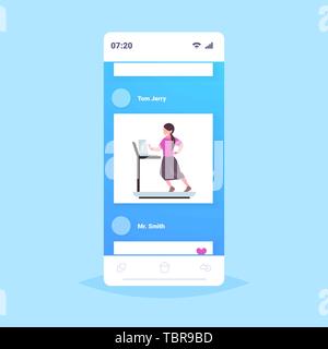 businesswoman using laptop running on treadmill business woman workout hard working concept smartphone screen mobile app flat full length Stock Vector