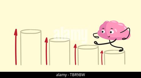 cute human brain climbing career ladder increasing financial chart pink cartoon character business graph concept kawaii style horizontal Stock Vector