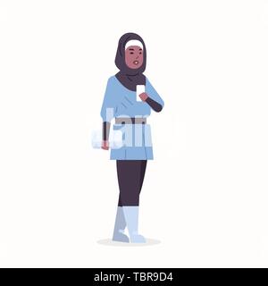 arabic woman in hijab african muslim girl wearing headscarf traditional clothes standing pose arabian female cartoon character with handbag full Stock Vector