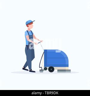 man using professional washing machine male cleaner janitor in uniform cleaning service floor care concept flat full length white background Stock Vector