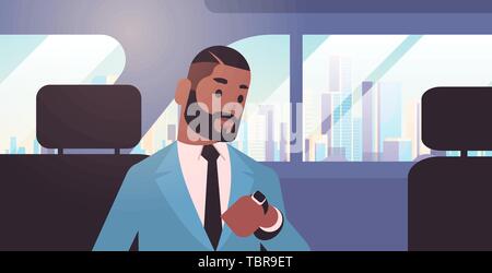 businessman looking at clock checking time african american passenger sitting on back seat in taxi cab city transportation service concept flat Stock Vector