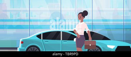 businesswoman standing near luxury car african american woman in formal wear holding suitcase going to work business concept flat closeup portrait Stock Vector