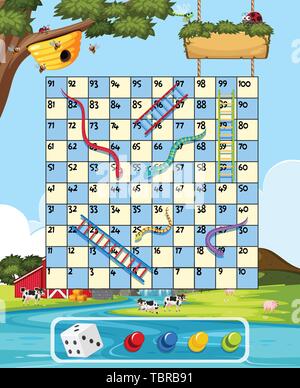 Farm snake ladder game template illustration Stock Vector