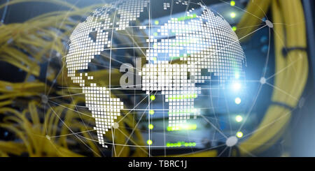 Futuristic modern data center with Holographic 3d planet earth Technology Banner. Telecommunication internet concept. Stock Photo