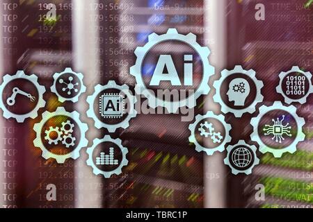 Artificial intelligence hi-tech business technologies concept. Futuristic server room background. AI Stock Photo