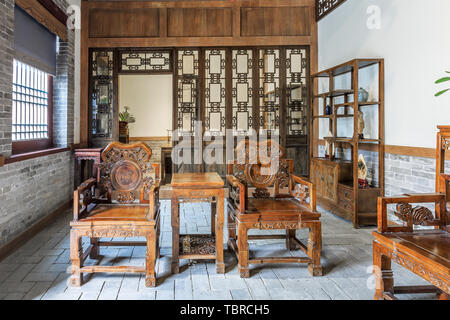 Classical furniture in Chinese hall of Du Yotian's former residence in Binzhou City, Shandong Province Stock Photo
