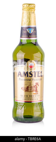 CHISINAU, MOLDOVA - March 16, 2018: Cold bottle of Amstel Premium lager beer on white background. Stock Photo