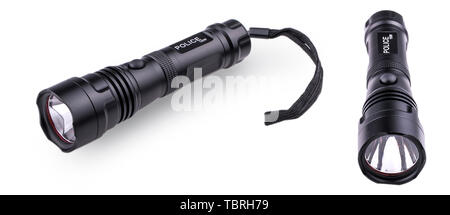 Set of black  police flashlight  with strap isolated on white background Stock Photo