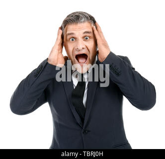 Screaming mature businessman on white background Stock Photo