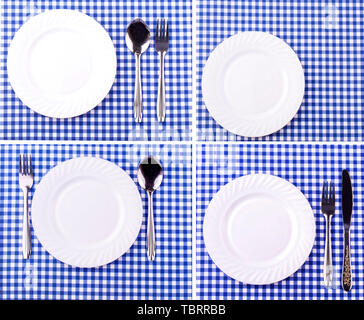 Set of empy plate on the tablecloth in a cage. View from above with copy space Stock Photo