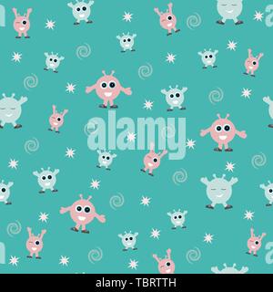 seamless pattern for kids c crazy cartoon cute alien monster on blue background for print and textile Stock Vector