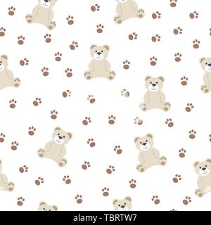 Cute seamless pattern with animal bear and paw for kids for print and textile on white background. Stock Vector