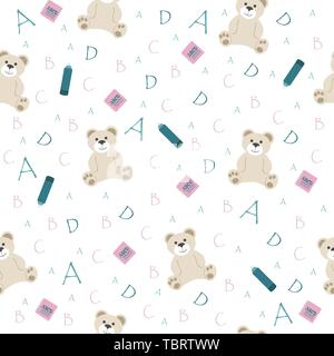 Cute school seamless pattern with animal bear and letters of the alphabet and with notebooks and pencil for children to study for prints and textiles  Stock Vector