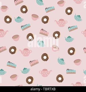 seamless pattern with food sweet cake donut coffee tea and a kettle of pink and blue for prints and textiles Stock Vector